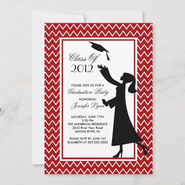 Modern Red Graduation Invitation Silhouette Grad (Front)