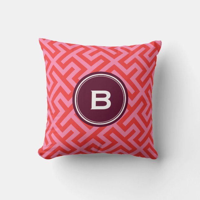 Modern red greek key geometric patterns monogram cushion (Front)