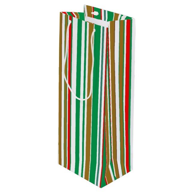 Modern Red Green and Gold Christmas Stripes Wine Gift Bag (Front Angled)