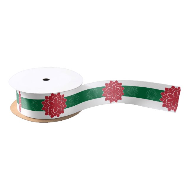 Modern Red, Green and white Holiday Poinsettia Satin Ribbon (Spool)