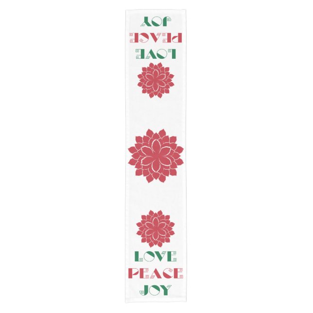 Modern Red, Green and white Love, Peace, Joy text Short Table Runner (Front)