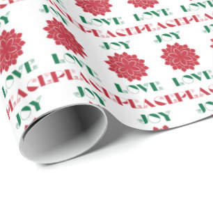Modern Red, Green and white Love, Peace, Joy text Wrapping Paper