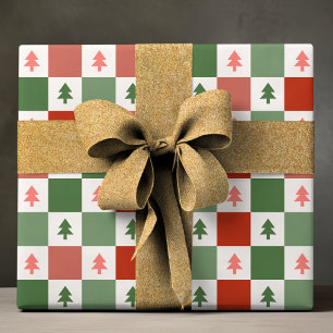 Modern Red Green Chequerboard Christmas Trees Wrapping Paper