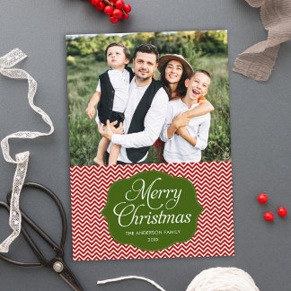 Modern Red Green Chevron Christmas Photo Card