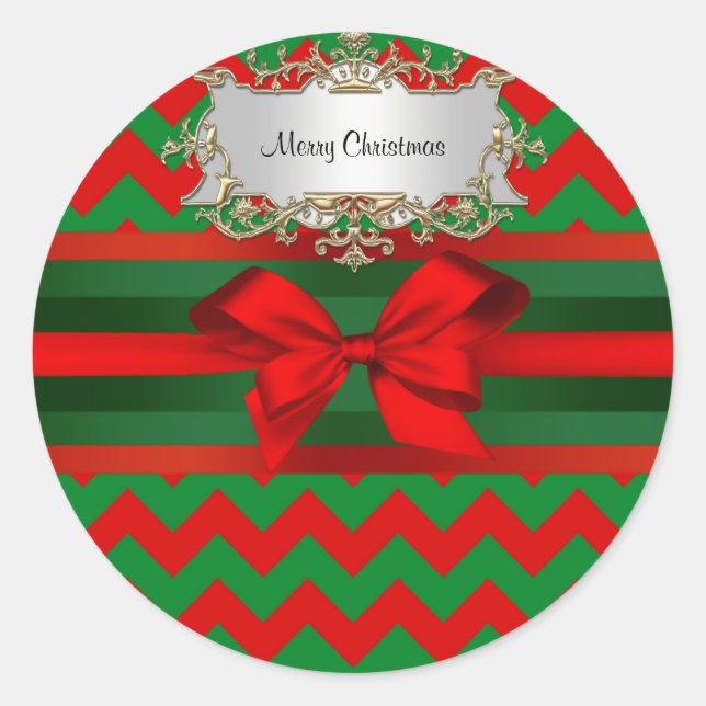 Modern Red Green Chevron Zig-Zag Ribbon Christmas Classic Round Sticker (Front)