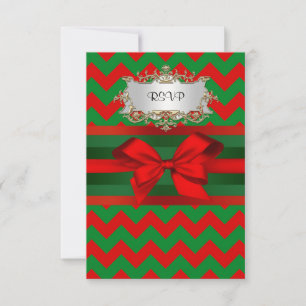 Modern Red Green Chevron Zig-Zag Ribbon Christmas RSVP Card