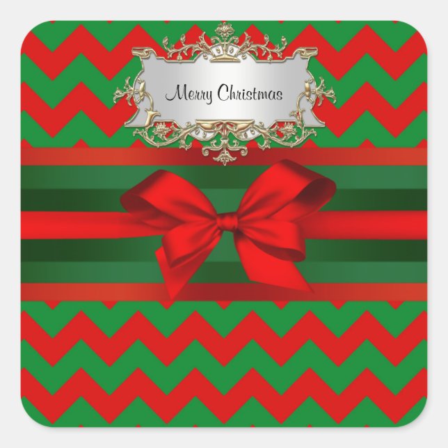 Modern Red Green Chevron Zig-Zag Ribbon Christmas Square Sticker (Front)