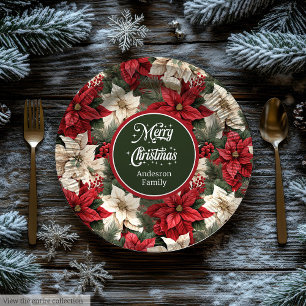 Modern Red Green Christmas Floral Paper Plates 