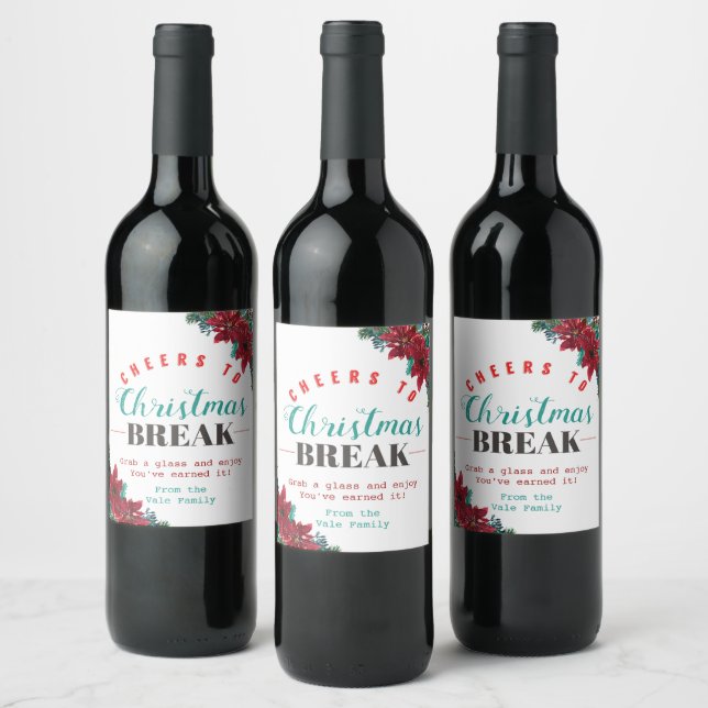 Modern Red & Green Christmas Floral Teacher Wine Label (Bottles)