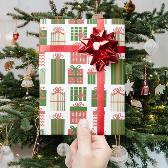 Modern  Red Green Christmas Gift Package Pattern Wrapping Paper (Creator Uploaded)