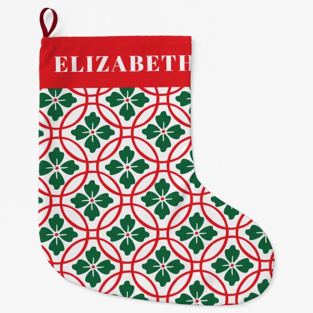 Modern Red Green Christmas Holly Pattern Custom Large Christmas Stocking (Front)