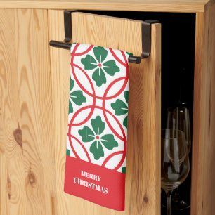Modern Red Green Christmas Holly Pattern Tea Towel