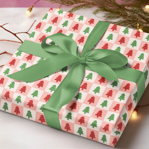Modern Red Green Christmas Tree Chequered Pattern Wrapping Paper