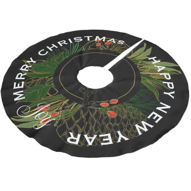 MODERN RED & GREEN CHRISTMAS WREATH BRUSHED POLYESTER TREE SKIRT (Angled)