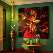 Modern Red Green Floral Abstract Art Pattern #05