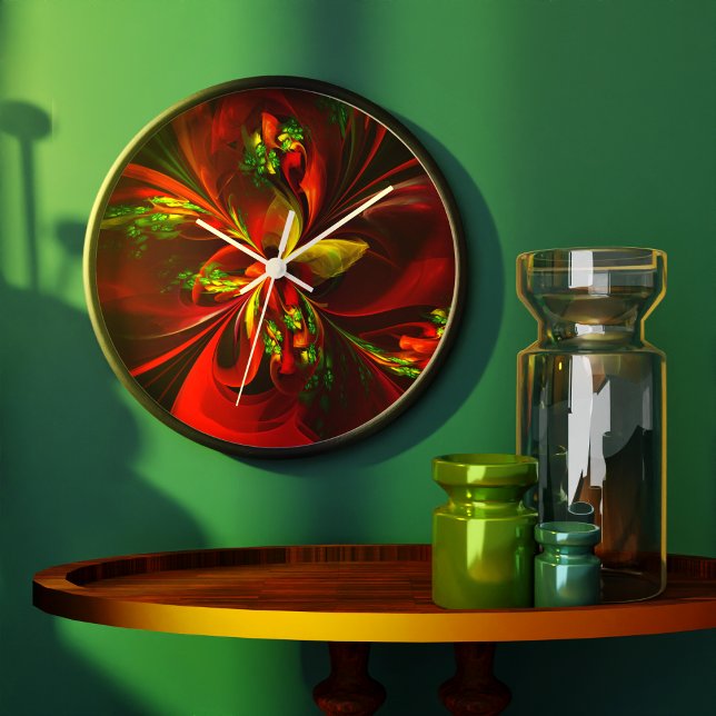 Modern Red Green Floral Abstract Art Pattern #05 Large Clock (Modern Red Green Floral Abstract Art Pattern #05 Clock)