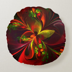 Modern Red Green Floral Abstract Art Pattern #05 Round Cushion