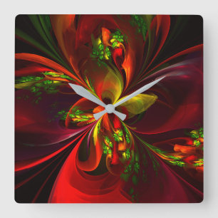 Modern Red Green Floral Abstract Art Pattern #05 Square Wall Clock