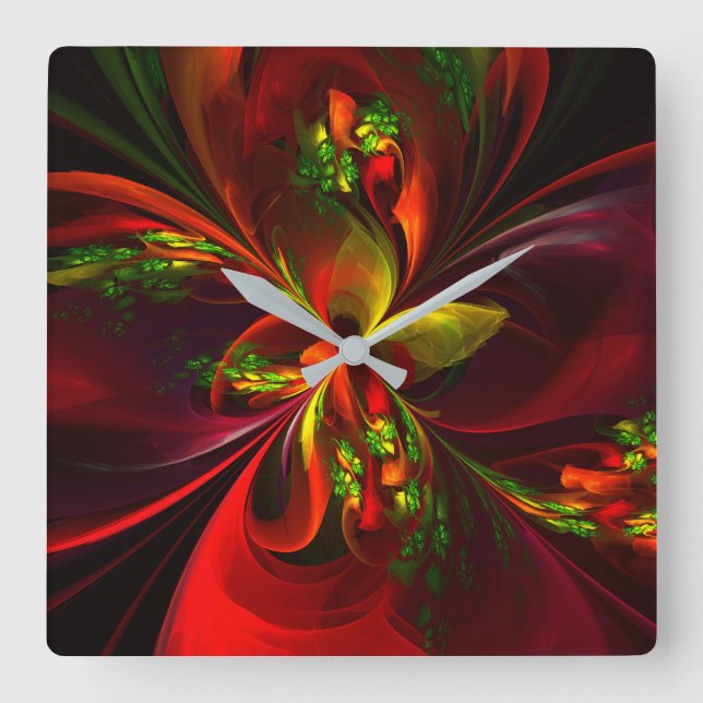 Modern Red Green Floral Abstract Art Pattern #05 Square Wall Clock (Front)