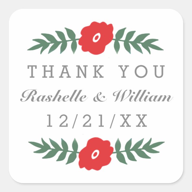 Modern Red Green Floral Thank You Stickers (Front)