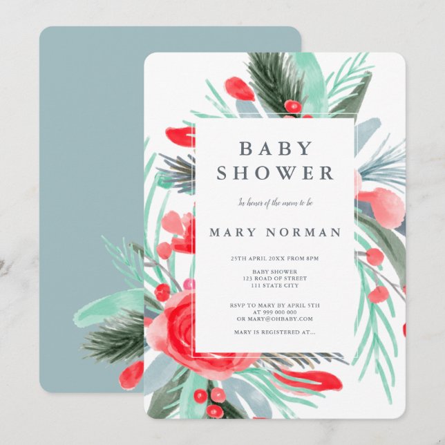 Modern red green floral watercolor baby shower invitation (Front/Back)