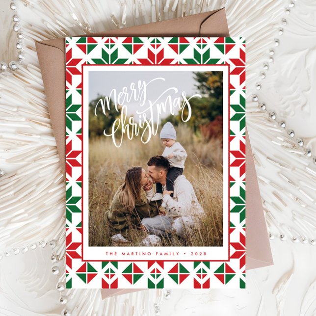 Modern Red Green Folk Quilt Photo Christmas Card (Creator Uploaded)