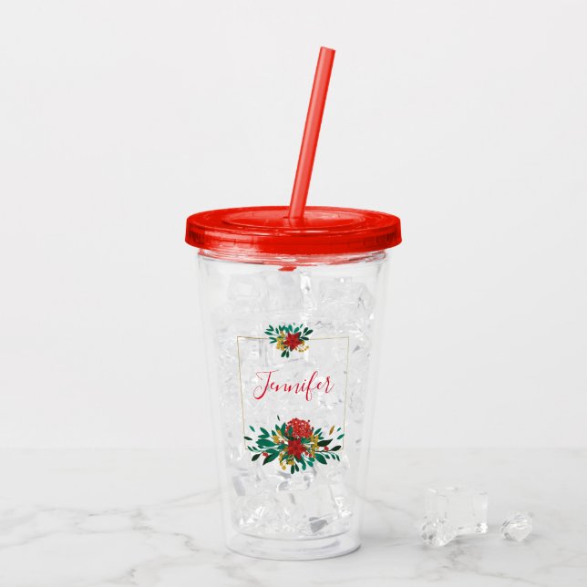 Modern Red Green & Gold Christmas Floral Acrylic Tumbler (Back Ice)