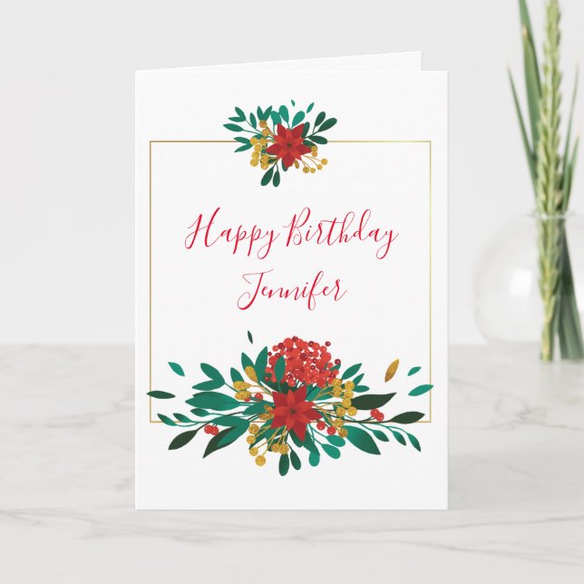Modern Red Green & Gold Christmas Floral Birthday Card (Front)