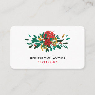 Modern Red Green & Gold Christmas Floral Business Card