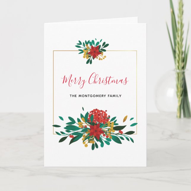 Modern Red Green & Gold Christmas Floral Holiday Card (Front)