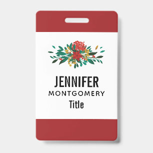 Modern Red Green & Gold Christmas Floral ID Badge