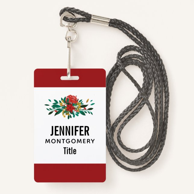Modern Red Green & Gold Christmas Floral ID Badge (Front with Lanyard)