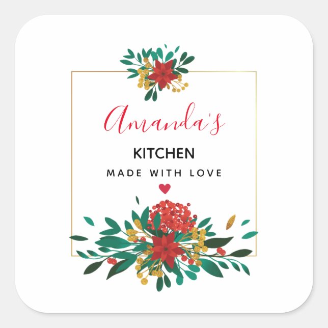 Modern Red Green & Gold Christmas Floral Kitchen Square Sticker (Front)