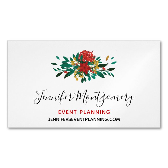 Modern Red Green & Gold Christmas Floral Magnetic Business Card (Front)