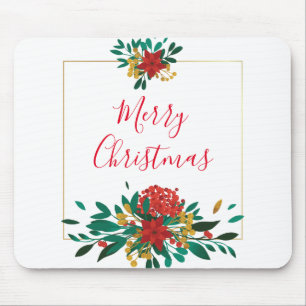 Modern Red Green & Gold Christmas Floral Mouse Pad