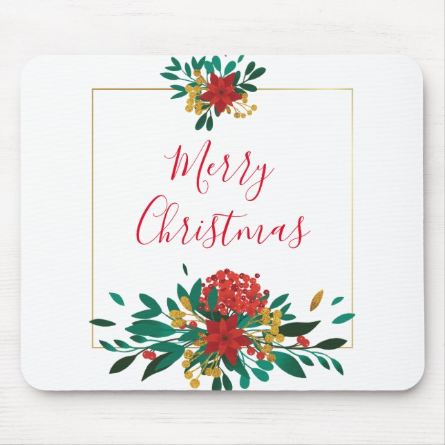 Modern Red Green & Gold Christmas Floral Mouse Pad (Front)