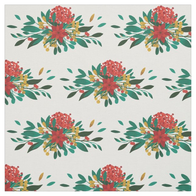 Modern Red Green & Gold Christmas Floral Pattern Fabric (Swatch)