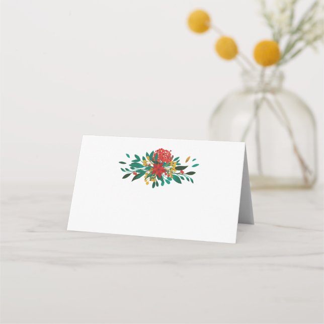 Modern Red Green & Gold Christmas Floral Place Card (Front)