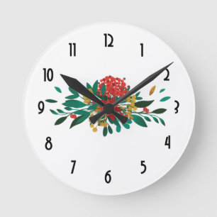 Modern Red Green & Gold Christmas Floral Round Clock