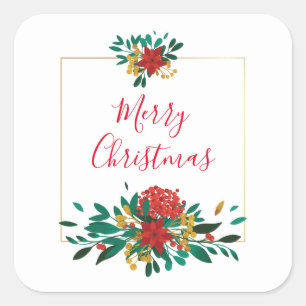 Modern Red Green & Gold Christmas Floral Square Sticker