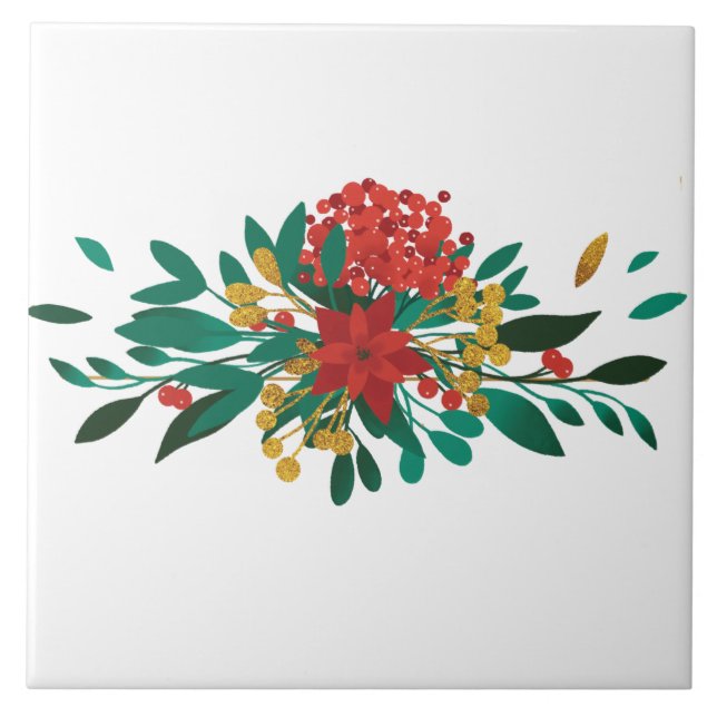 Modern Red Green & Gold Christmas Floral Tile (Front)