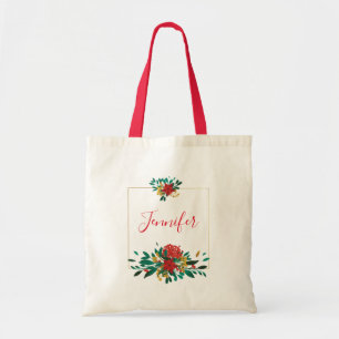 Modern Red Green & Gold Christmas Floral Tote Bag