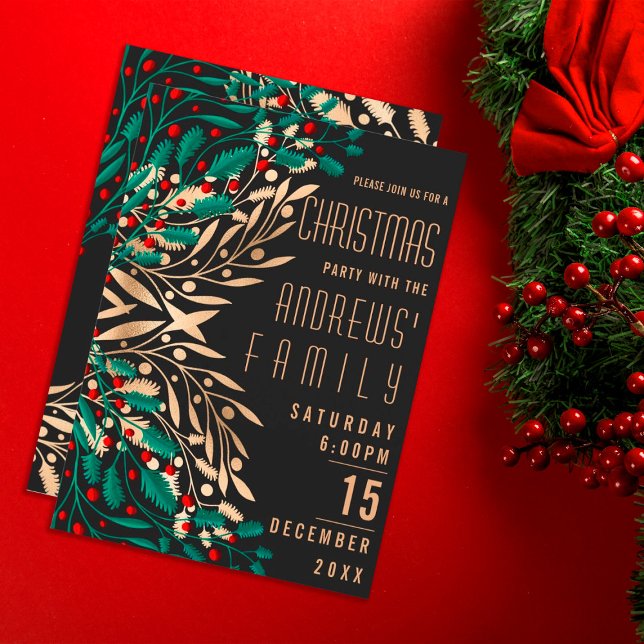 Modern Red Green Gold Holly Berry Leaves Christmas Invitation (Creator Uploaded)