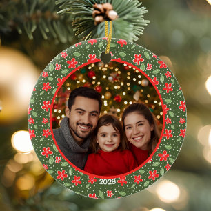 Modern Red & Green Personalised Floral Photo Ceramic Tree Decoration