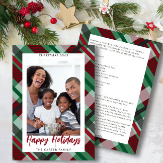 Modern Red Green Plaid Photo Happy Holidays  Holiday Card