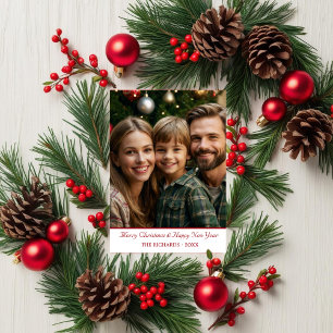 Modern Red & Green Snowflakes one photo  Holiday Card