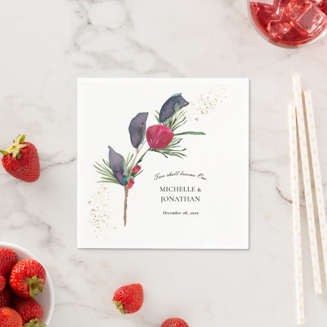 Modern Red Green Winter Floral Christian Wedding Napkin (Insitu)