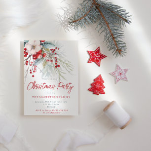 Modern Red & Green Winter Foliage Christmas Party Invitation