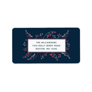 Modern red grey berries on navy blue illustration label
