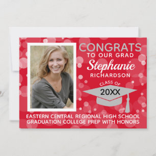 Modern Red Grey Bokeh Bubbles Photo Graduation Invitation